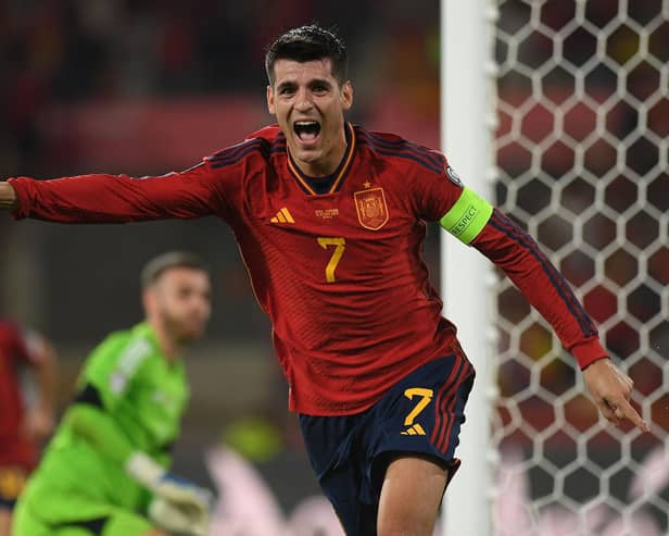 Spain's Alvaro Morata celebrates scoring the opener in the 2-0 win over Scotland. (Photo by JORGE GUERRERO/AFP via Getty Images)