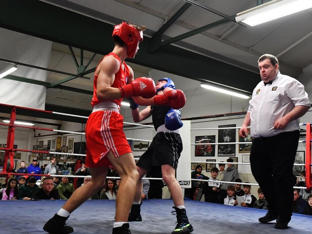 Josh Grey, Coleraine v Ben Hucthinson, St Josephs. Photograph: George Sweeney