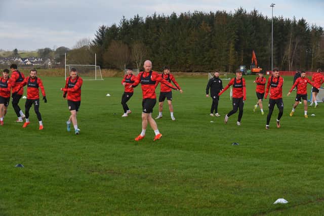 Derry City players train at the GAA Centre of Excellence, Owenbeg, on Monday morning.  Photograph: George Sweeney
