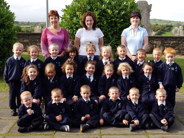 St. Canice's Primary School, Fincairn, Feeny. Included are Mrs. Anne Marie O'Hagan, principal, Mrs. Ursula Campbell and Mrs. Mary Kathleen Toland. (2609C41):20 years on: Young people across Derry and Donegal starting school in September 2003