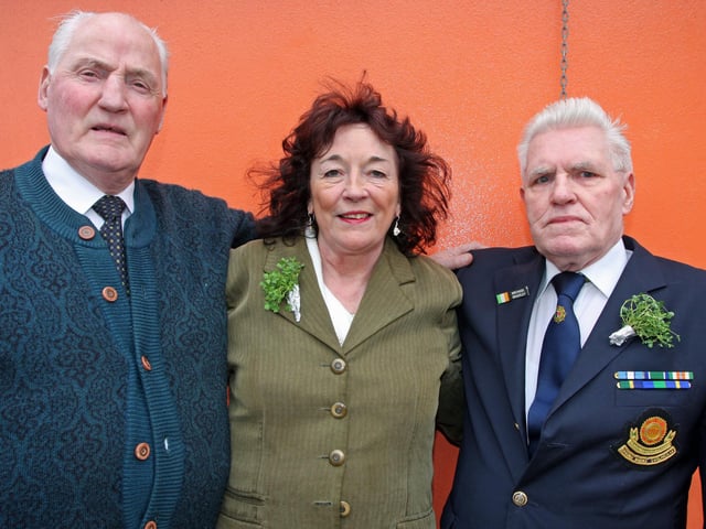 Danny McGarrigle, Elaine Brown and Michael Bradley pose for a picture at the Buncrana St. Patrick's Day Parade. 1903JM60