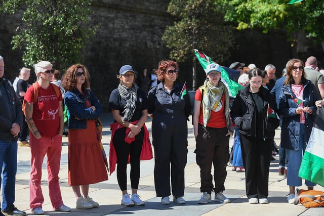 People gather at a rally in Guildhall Square, organised by the Derry Branch of Ireland Palestine Solidarity Campaign to mark 300 days of Genocide in Gaza. Photo: George Sweeney