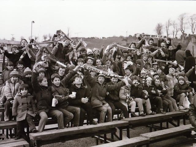 Young Derry City fans out in support of the team as they take on Bray Wanderers at the Brandywell.
