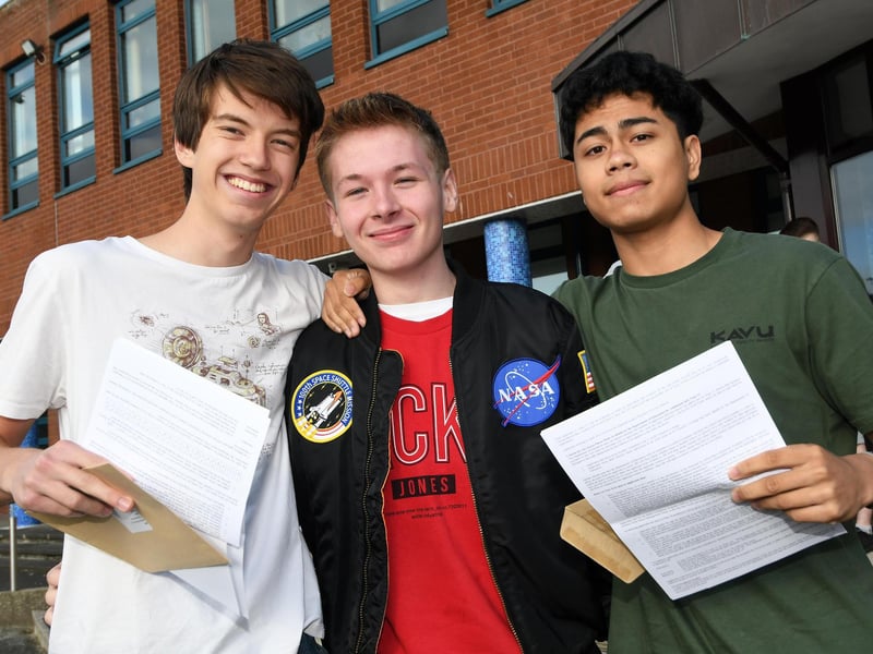 Cormac McKeever, Jack McCartney and Paul Carlin collecting their GCSE results at St. Columb's College.