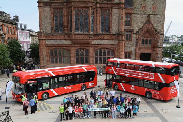 Pupils from Ebrington PS pictured at Translink's Zero Emission Foyle Metro preview event held in Guildhall Square, Derry on Thursday May 25. (Photo - Tom Heaney, nwpresspics)