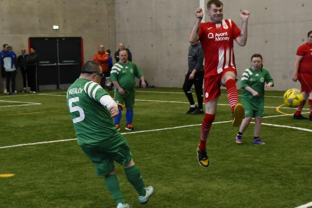 Donegal Down Syndrome get a shot away against Sligo Rovers Seconds at Sean Dolans' GAC during Sunday's Celtic FC Foundation Christmas Ability Counts Tournament. (Photos: Jim McCafferty Photography)