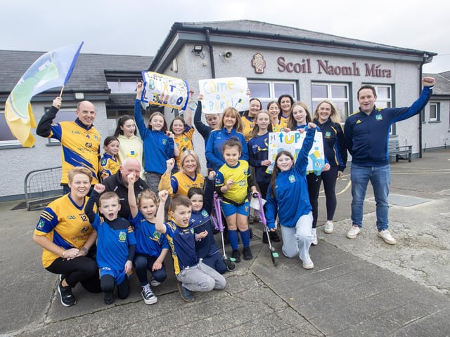 Pupils and staff  from Scoil Naomh Mura, Burnfoot showing their support for the Beart GAC hurlers who will take on Lavey in the Ulster Junior Championship final at Celtic Park on Saturday. (Photos: Jim McCafferty Photography)