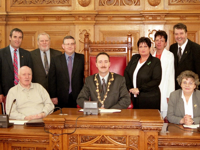 Mayor Cathal Crumley was elected to office with Derry City Council in the year 2000. He is pictured with Sinn Fein councillors Gerry O'Hara, Barney McFadden, Gerry McLaughlin, Tony Hassan, Marion Hutcheon, Lynn Fleming, Peter Anderson and Mary Nelis.