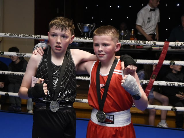 Boy 2 38kg bout involving Leon Downey (St Joseph's) and Mel Montague (Bishop Kelly)