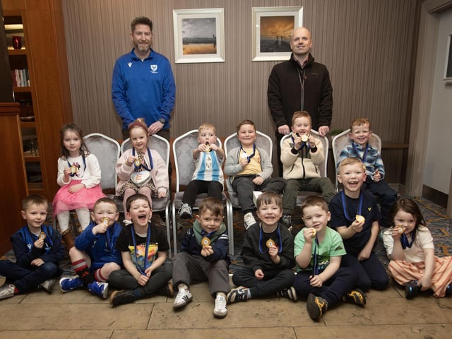 'The Dribblers' pictured at the Oxford United Annual Awards night in the Maldron Hotel on Monday night last. Included at back are coaches JP Payne and Diarmuid Doherty. (Photos: Jim McCafferty Photography)