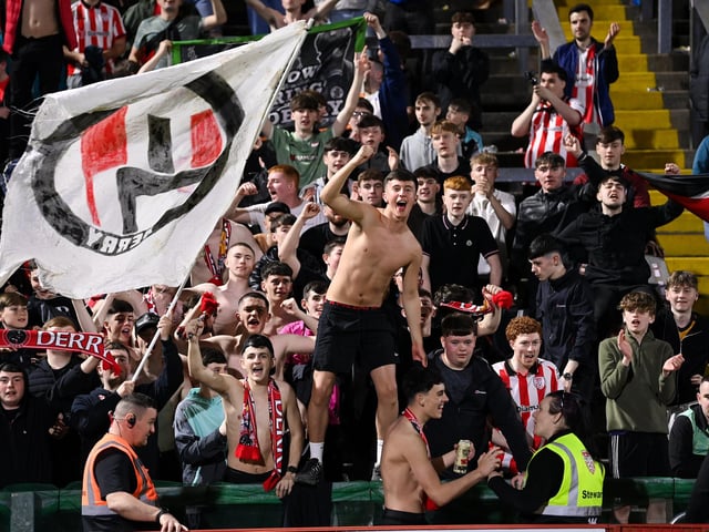 Derry City supporters celebrate after the SSE Airtricity Men's Premier Division match between Derry City and Shamrock Rovers at Find Insurance Celtic Park in Derry. Photo by Stephen McCarthy/Sportsfile