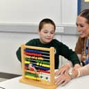 Puipil Oran Jackson with teacher Laura McLaughlin at the newly opened Ardnashee School and College Northland Academy, on Northland Road, on Monday morning.  Photo: George Sweeney