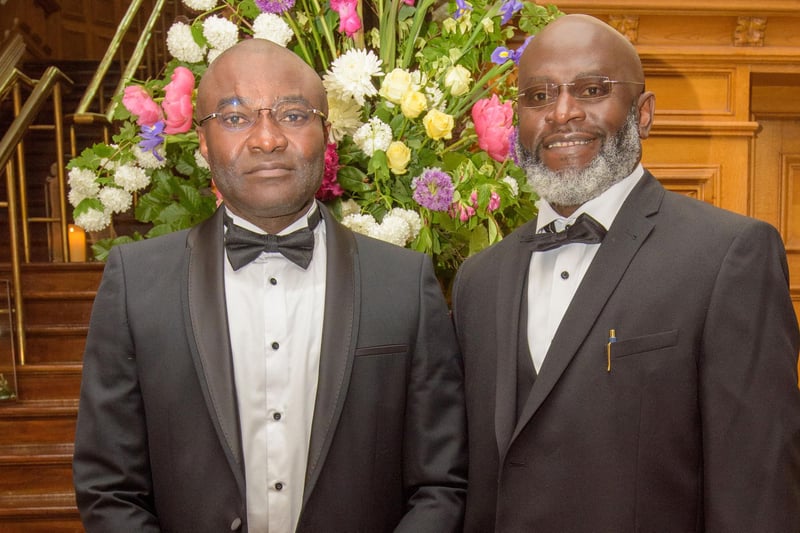 The Mayor Councillor Patricia Logue hosted the annual Mayor’s Ball in the Guildhall in aid of her crossed Charities the Foyle Hospice and Ryan McBride Foundation. Pictured at the event are guests, Ugo Nwankwo Chuka Nwokwo. Picture Martin McKeown. 24.05.24