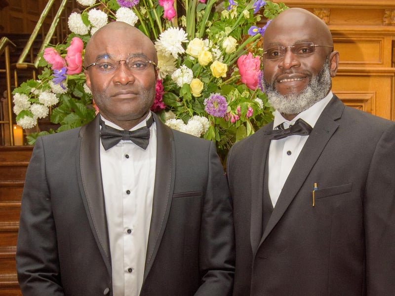 The Mayor Councillor Patricia Logue hosted the annual Mayor’s Ball in the Guildhall in aid of her crossed Charities the Foyle Hospice and Ryan McBride Foundation. Pictured at the event are guests, Ugo Nwankwo Chuka Nwokwo. Picture Martin McKeown. 24.05.24