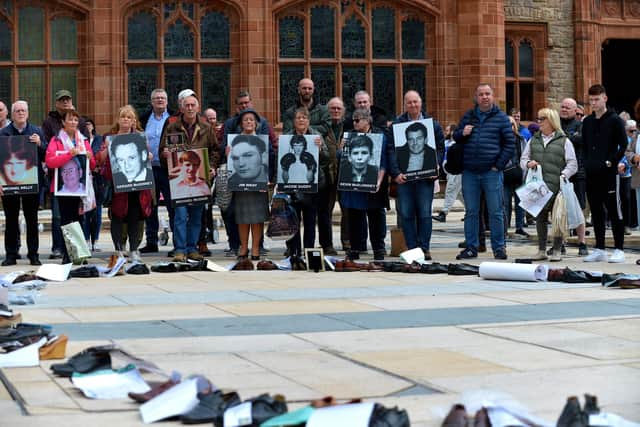 Families of victims of the troubles protest against the proposed Northern Ireland Troubles (Legacy and Reconciliation) Bill, at Guildhall Square in May. Photo: George Sweeney. DER222GS – 018