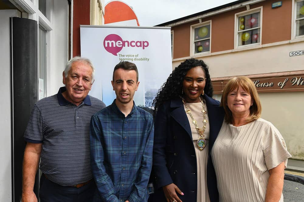 Liam McClintock and his parents pictured with Mayor Lilian Seenoi Barr at a Coffee Morning Skydive Fundraising event held in the MenCap NI Derry offices on Bishop. Liam, who is currently on Mencap’s Workable Programme, will skydive from 15,000 feet on 27th July to raise funds for the charity. Photo: George Sweeney