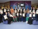 MEE GRADUATIONS. . . . . Class 10B, pictured after receiving theri MEE Graduation awards at Oakgrove Integrated College on Tuesday morning last. Included are Mr. John Harkin, Principal, Marie Dunn, Resilio, and at back, Ms. Aislinn Breslin, and Mrs. Judith Colvin, MEE teachers. (Photos: Jim McCafferty Photography)