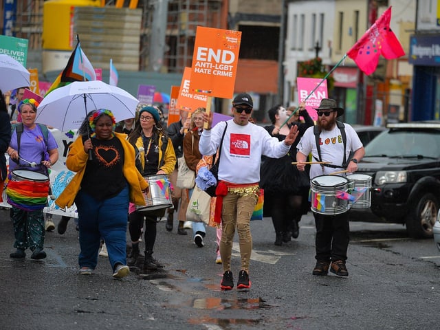 The 2024 Foyle Pride Parade makes its way along Duke Street. Photo: George Sweeney