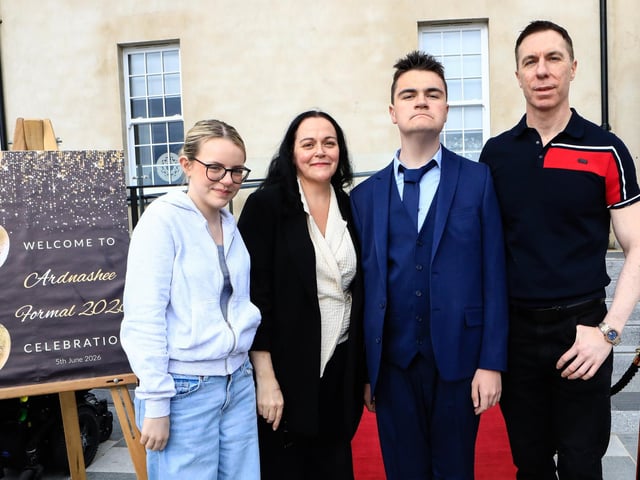 Michael Gallagher with his mother Elizabeth, dad Jeffrey and sister Elena at the Ardnashee formal held in the Ebrington Hotel. (Photo - Tom Heaney, nwpresspics) : .
