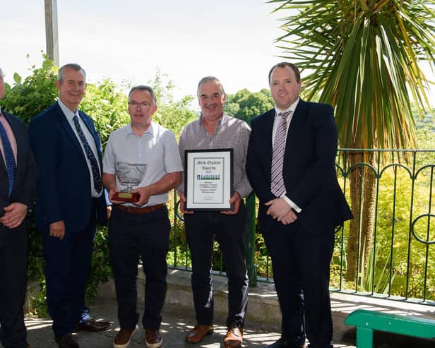 Stephen and Mark Montgomery (centre), Drumahoe, won the >1m litre milk producer category of the Lakeland Dairies Milk Quality Awards. They are pictured with Edwin Poots MLA, Speaker of the Northern Ireland Assembly; Niall Matthews, Chairperson (left) and Colin Kelly, Group CEO (right), Lakeland Dairies. Picture by Rory Geary.
