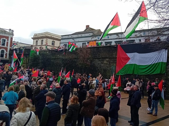 Thousands participate in Derry rally for Palestine calling for a ceasefire in Gaza on January 13, 2024