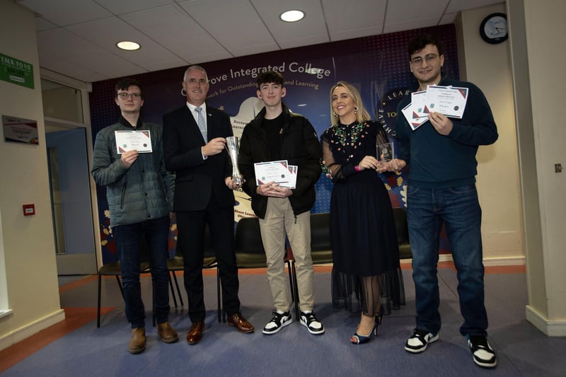 Mr Colin Donaghey, Head of Sixth Form and Mrs Kellie-Marie Martin, Vice Principal, pictured with Y14 prizewinners at last week's annual awards in Oakgrove Integrated College. (Photos: Jim McCafferty Photography)