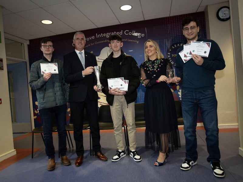 Mr Colin Donaghey, Head of Sixth Form and Mrs Kellie-Marie Martin, Vice Principal, pictured with Y14 prizewinners at last week's annual awards in Oakgrove Integrated College. (Photos: Jim McCafferty Photography)