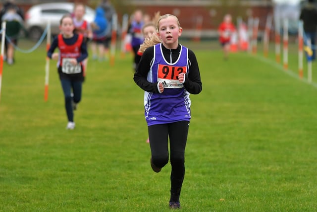 Foyle Valley’s Grace Mahon runs in the Derry XC  P6/P7 race at Thornhill College. Photo: George Sweeney