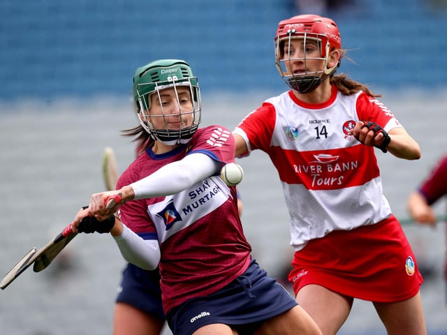 Derry’s Aoife Shaw tries to get a block in on Fiona Keating of Westmeath during Sunday's Very Camogie League Division 2A Final in Croke Park. (Photo: INPHO/Ryan Byrne).