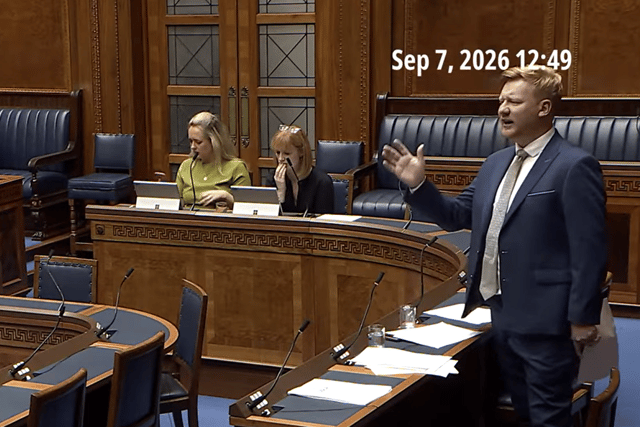 Daniel McCrossan speaking at Stormont on Monday.