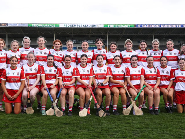The Derry team before Sunday's Very Camogie League Division 2A Final at FBD Insurance Semple Stadium in Thurles. (Photo: INPHO/Ben Brady)
