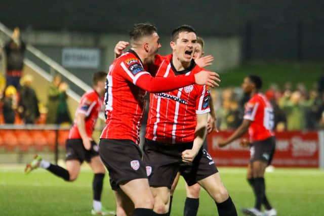 Ciaran Coll celebrates his equalising goal against Sligo Rovers with Ryan Graydon.