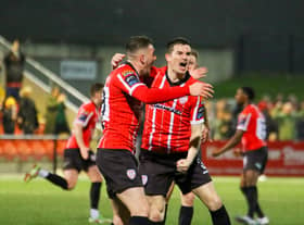 Ciaran Coll celebrates his equalising goal against Sligo Rovers with Ryan Graydon.