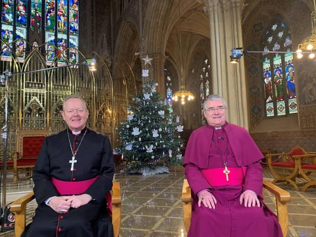 Archbishop Eamon Martin, Catholic Archbishop of Armagh, and Archbishop John McDowell, Church of Ireland Archbishop of Armagh, presenting their RTÉ Christmas 2023 message from Saint Patrick’s Catholic Cathedral, Armagh