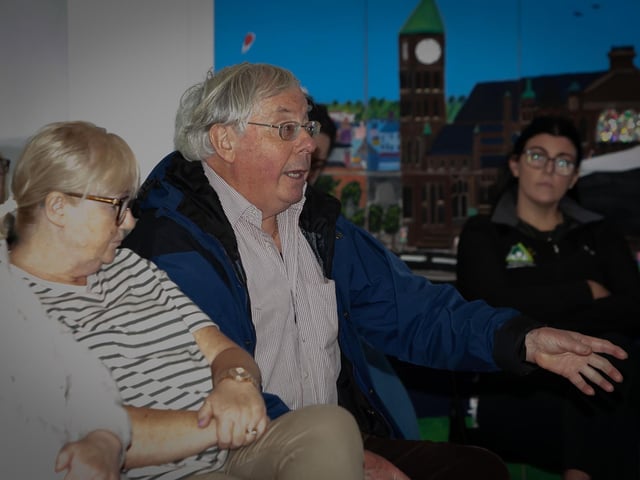Retired schoolteacher Tony Furey makes a point during Monday's event. : .