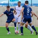 Derry City's Ben Doherty and Pat Hoban close down the Bruno's Magpies in Gibraltar. Photograph by Neil Wilson.