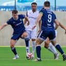 Derry City's Ben Doherty and Pat Hoban close down the Bruno's Magpies in Gibraltar. Photograph by Neil Wilson.