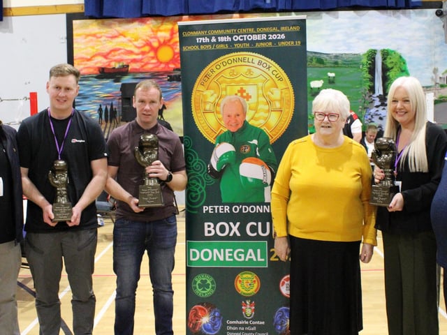 A group pictured with trophies from the Peter O’Donnell Box Cup in Clonmany.