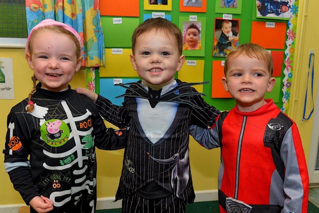 Nursery children, Ailbe, Patrick and Ruadhan, from Naiscoil Dhoire Steelstown, in Halloween costume.  Photo: George Sweeney.  DER2243GS – 072