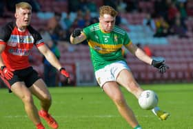 Foreglen’s Liam Downey sores a second half point against Greenlough in the IFC Quarter Final in Celtic Part on Saturday afternoon last. Photo: George Sweeney.  DER2239GS – 088