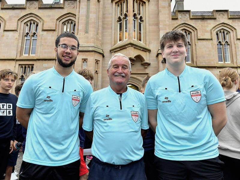 Foyle Cup referees Jaden, Martin and Sam. Photo: George Sweeney