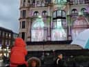 The dancing skeletons projected onto Austin's department store in Derry for Halloween.