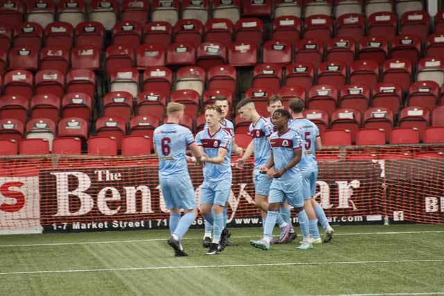 Institute players in celebratory mood at Brandywell ahead of a trip to Ards.