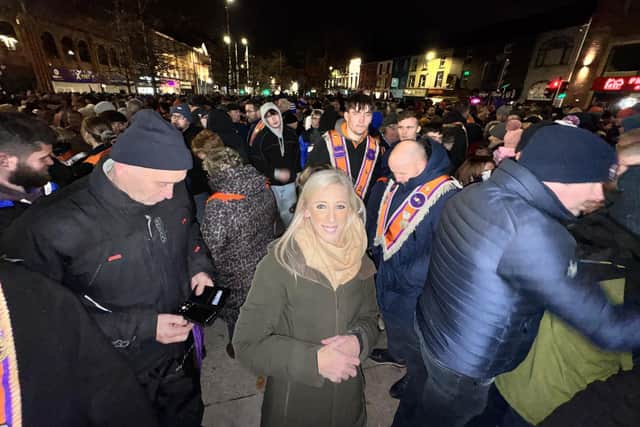 DUP MP Carla Lockhart leads an Orange Order parade in Portadown, Co Armagh on October 24, 2026. (Mícheál Ó Scannáil/Press Association)