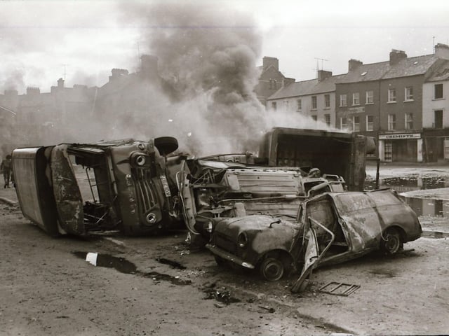 The aftermath of rioting in Derry back in February 1976.