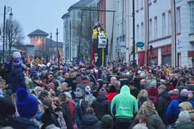 'Lundy the traitor' before the dummy was set on fire in Bishop Street on Saturday.