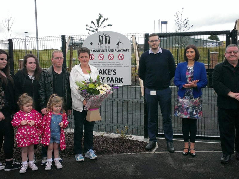 The official opening of the play park named in honour of 11 year-old Jake Murphy who died tragically in 2013. Pictured from left to right is, Jake's family, Peter and Leona Murphy and children, Orla, Aine, Rita and Eva. Also included is Christopher Doherty (Apex Housing Association Property Services Officer) and Caroline Donnelly (Apex Housing Association Housing Officer) and Sinn Fein councillor, Tony Hassan.