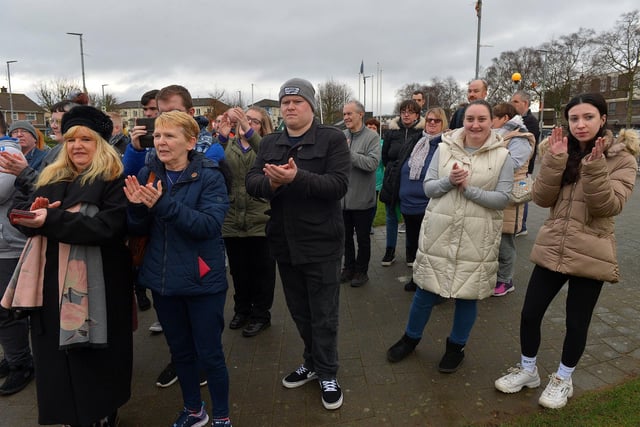 Some of the attendance at the unveiling of a Braille sign on Free Derry Corner by Richard Moore on Tuesday afternoon. Photo: George Sweeney. DER2305GS – 69