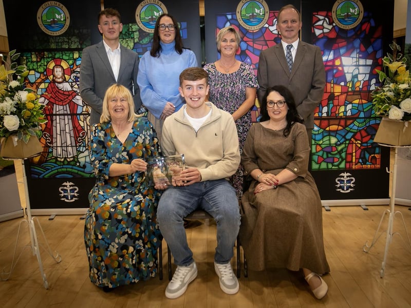 Mrs. Mary Delargy presenting the Patricia Hughes Bursary to Leon Toland at St. Columb's College on Thursday evening. On right at front is Mrs Caroline McLaughlin, Principal. Back from left are Padraig Delargy, Mrs. Ann-Louise Kirby, Senior Teacher, Ms. Karen Simpson, Parent/Governor and Mr. Mark McConnellogue. (Photos: Jim McCafferty Photography) : .