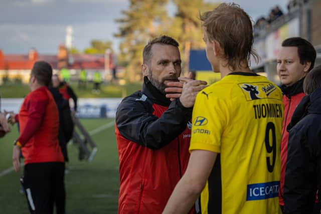 KuPs manager Jani Honkavaara pictured with Finnish international midfielder Jasse Tuominen. Photograph by Niklas Pehkonen.